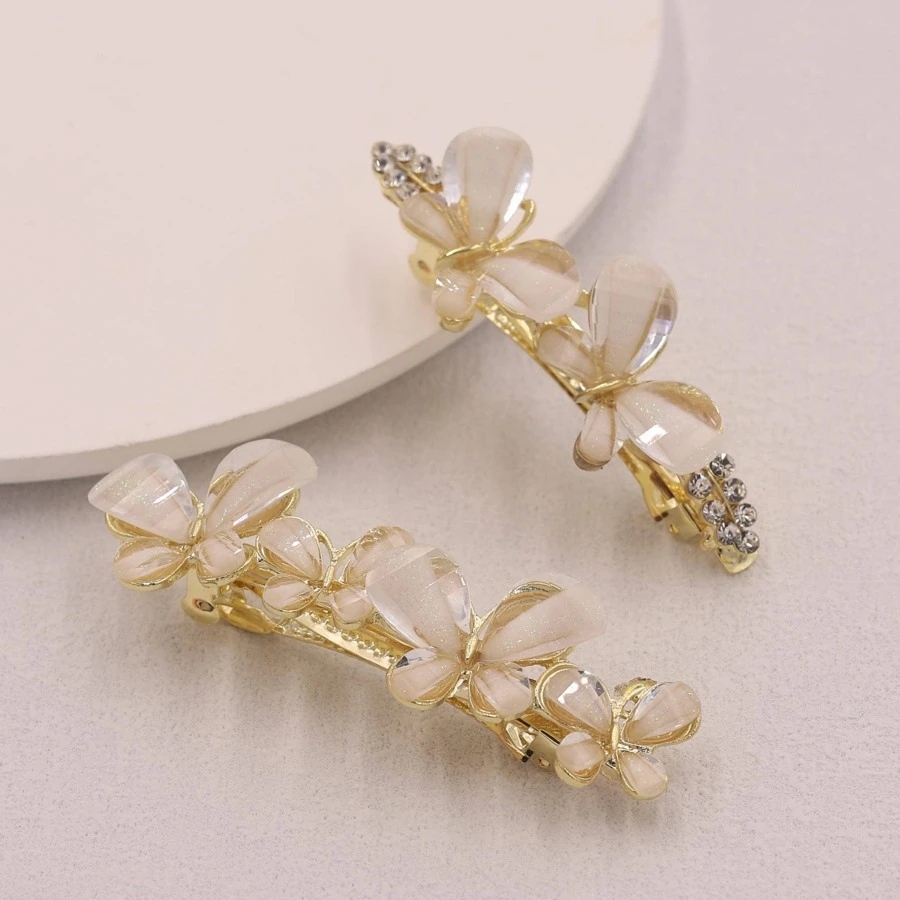 水鑽和蝴蝶裝飾髮夾 - 金色 - 查看 1