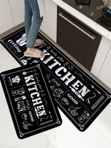 1pc Kitchenware & Letter Graphic Anti-Slip Kitchen Rug, Modern Polyester Floor Mat For Kitchen ,Room Decor - Multicolor - View 3