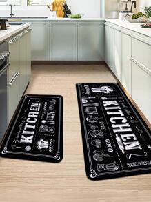 1pc Kitchenware & Letter Graphic Anti-Slip Kitchen Rug, Modern Polyester Floor Mat For Kitchen ,Room Decor - Multicolor - View 4