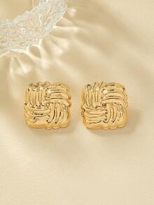Textured Metal Stud Earrings - Yellow Gold - View 2