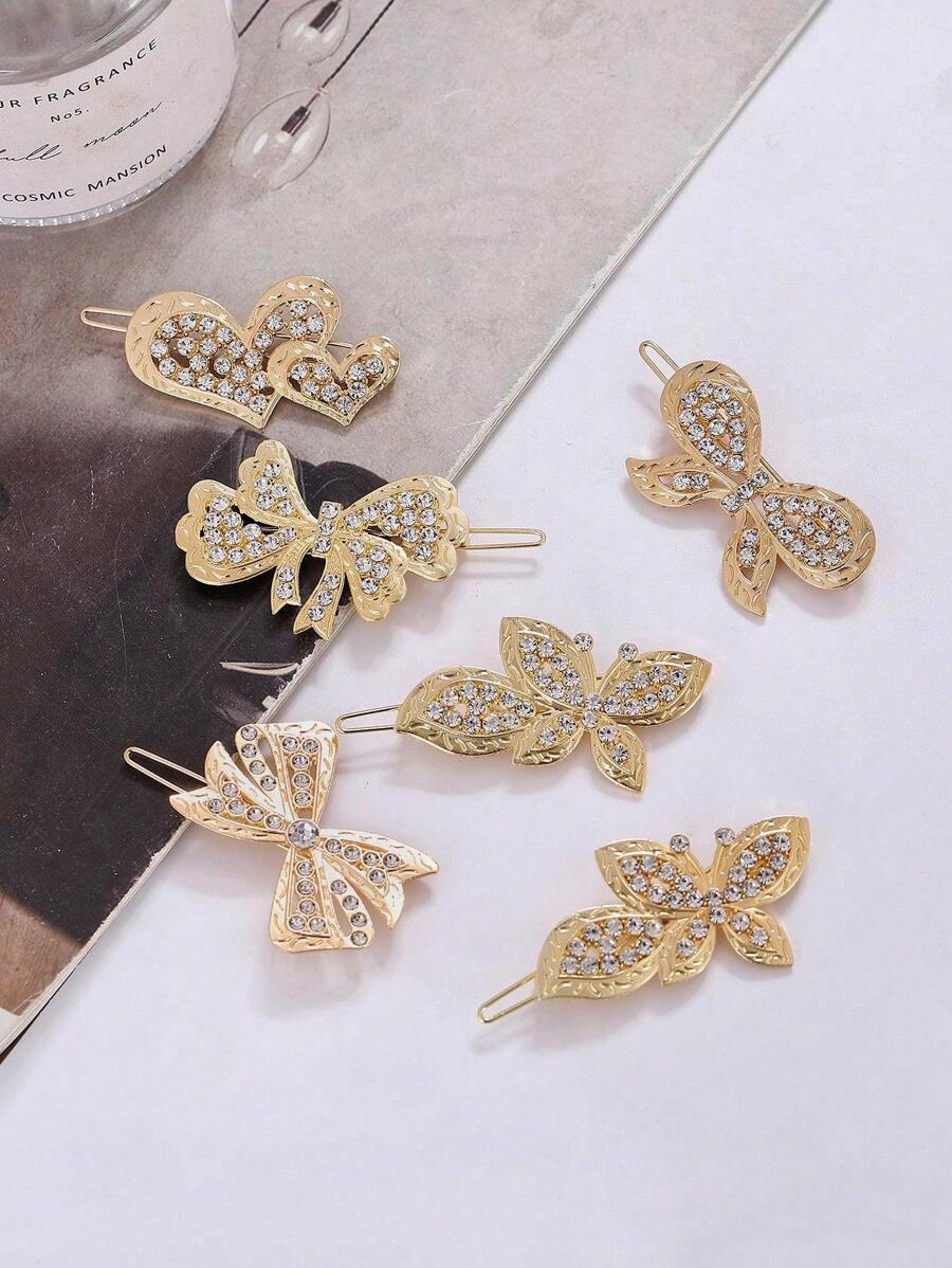 6pcs Women Rhinestone Butterfly Decor Fashion Hair Clip - Gold - View 1