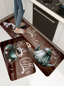1/2 PC Classic Coffee Print Pattern Kitchen Mat, Crystal Velvet Rectangular Soft Rug, Suitable For Living Room, Dining Room, Kitchen, Home Use - Multicolor - View 5