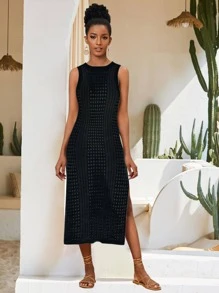 Black Split Thigh Knitted Cover Up Dress Vacation Summer