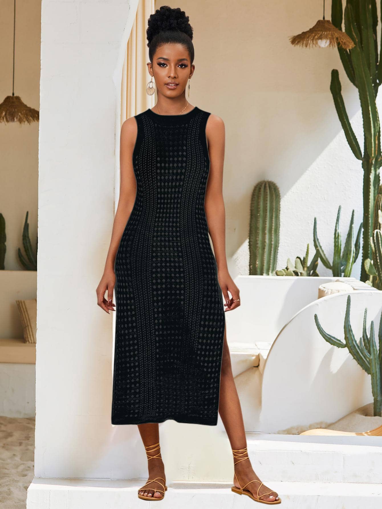 Black Split Thigh Knitted Cover Up Dress Vacation Summer