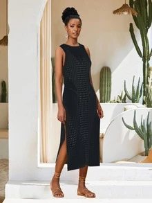 Black Split Thigh Knitted Cover Up Dress Vacation Summer