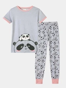 Girls Panda Print Contrast Trim Snug Fit PJ Set - Grey - View 1