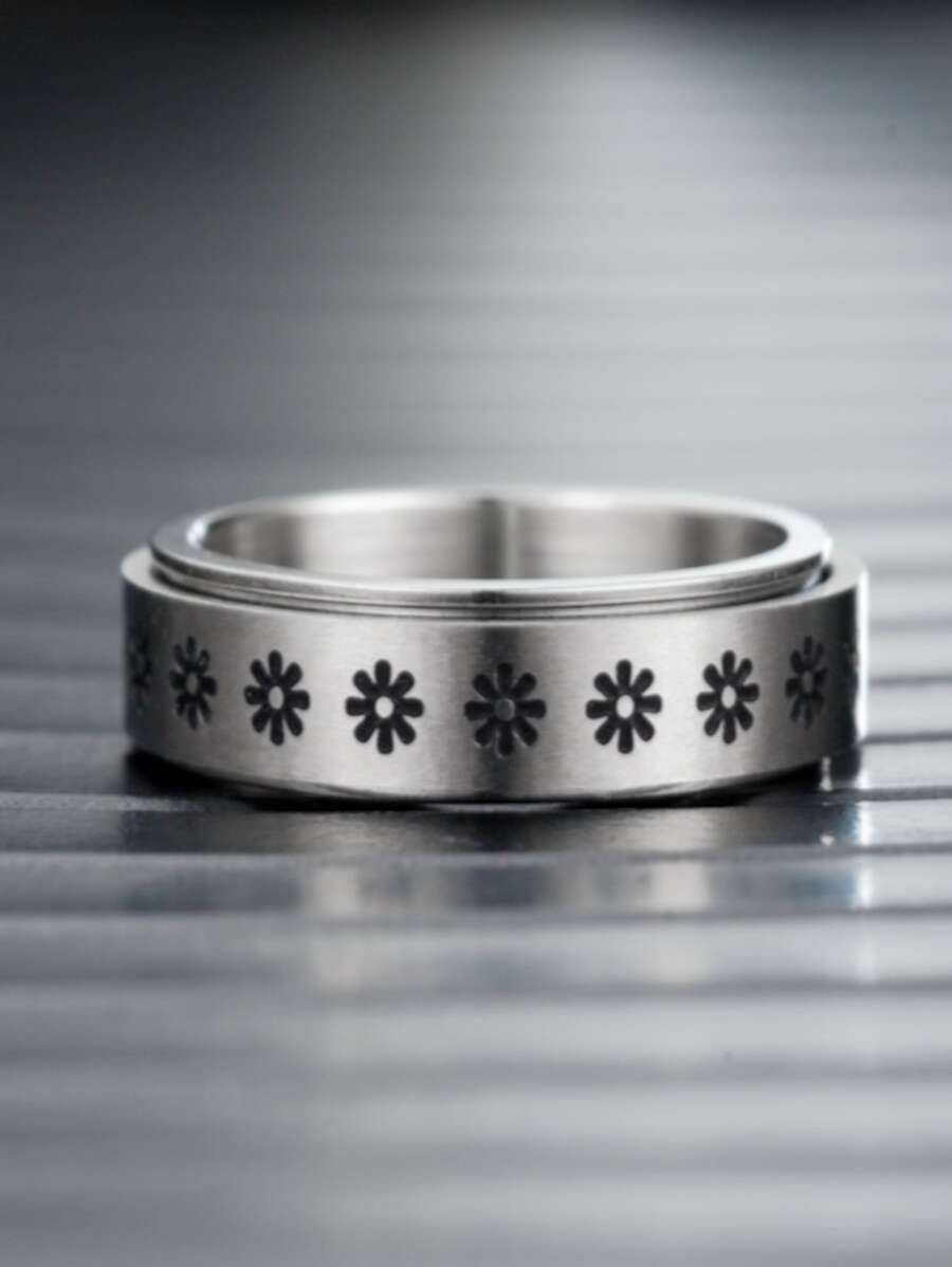 1入組時尚可旋轉減壓菊花花朵戒指,多用途獨特鈦鋼情侶戒指,防焦慮雕刻復古黑色戒指,浪漫迷人女士聯合戒指,街頭風酷手環適用於休閒穿戴 - 銀色 - 查看 1