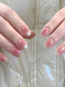 腮紅粉紅色漸層橢圓形假指甲，24 件短版閃光假指甲和 1 張膠帶和 1 件指甲銼 - 彩色 - 查看 1