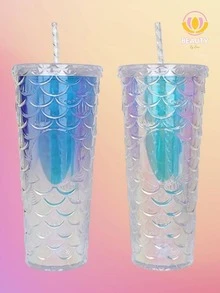 New SIRENA Litmus Color Glass For Smoothie Juice With Thermal Anti-Spill Screw Lid Star Type Bucks Coffee Fish Scales, Shiny Diamond - 淺粉色 - 查看 3
