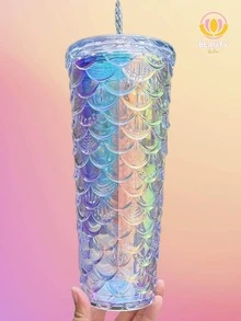 New SIRENA Litmus Color Glass For Smoothie Juice With Thermal Anti-Spill Screw Lid Star Type Bucks Coffee Fish Scales, Shiny Diamond - 淺粉色 - 查看 5