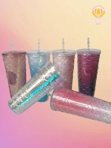 New SIRENA Litmus Color Glass For Smoothie Juice With Thermal Anti-Spill Screw Lid Star Type Bucks Coffee Fish Scales, Shiny Diamond - 淺粉色 - 查看 7