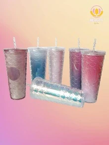 New SIRENA Litmus Color Glass For Smoothie Juice With Thermal Anti-Spill Screw Lid Star Type Bucks Coffee Fish Scales, Shiny Diamond - 淺粉色 - 查看 8