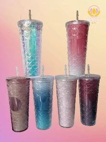 New SIRENA Litmus Color Glass For Smoothie Juice With Thermal Anti-Spill Screw Lid Star Type Bucks Coffee Fish Scales, Shiny Diamond - 淺粉色 - 查看 9