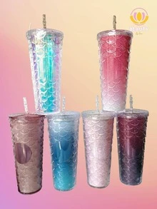 New SIRENA Litmus Color Glass For Smoothie Juice With Thermal Anti-Spill Screw Lid Star Type Bucks Coffee Fish Scales, Shiny Diamond - 淺粉色 - 查看 6