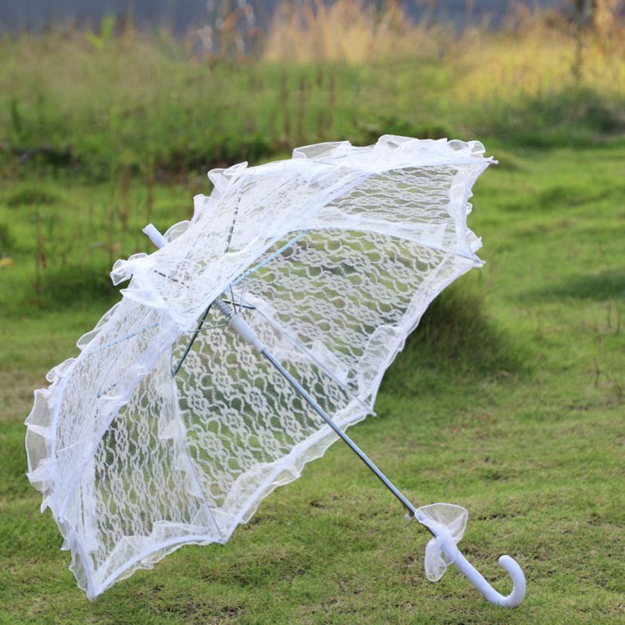 女士花卉刺繡荷葉邊優雅婚禮雨傘適合婚禮派對 - 白色 - 查看 1