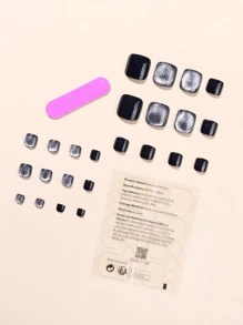 24入組短方形金屬亮絲黑曜石貓眼假腳趾指甲和1張膠帶和1入組指甲銼 - 彩色 - 查看 2
