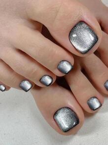 24入組短方形金屬亮絲黑曜石貓眼假腳趾指甲和1張膠帶和1入組指甲銼 - 彩色 - 查看 1