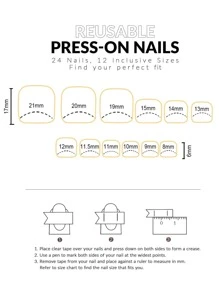24入組短方形金屬亮絲黑曜石貓眼假腳趾指甲和1張膠帶和1入組指甲銼 - 彩色 - 查看 5