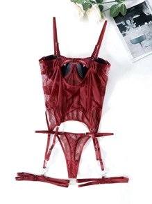 Đồ lót gợi cảm Nữ Tương phản Mesh màu trơn - Màu Đỏ Sâu - Xem 3