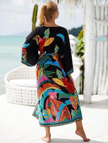 1入組熱帶圖案自綁腰帶和服罩衫屋洋裝 - 彩色 - 查看 9