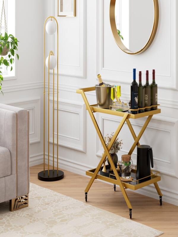 Gold Bar Carts for The Home, 2 Tier Glass Bar Cart with Wine Rack and