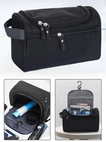 拉链旅行盥洗包洗漱包化妆包女士收纳袋挂钩化妆包男士手提包大容量收纳化妆盒 - 黑色 - 查看 1