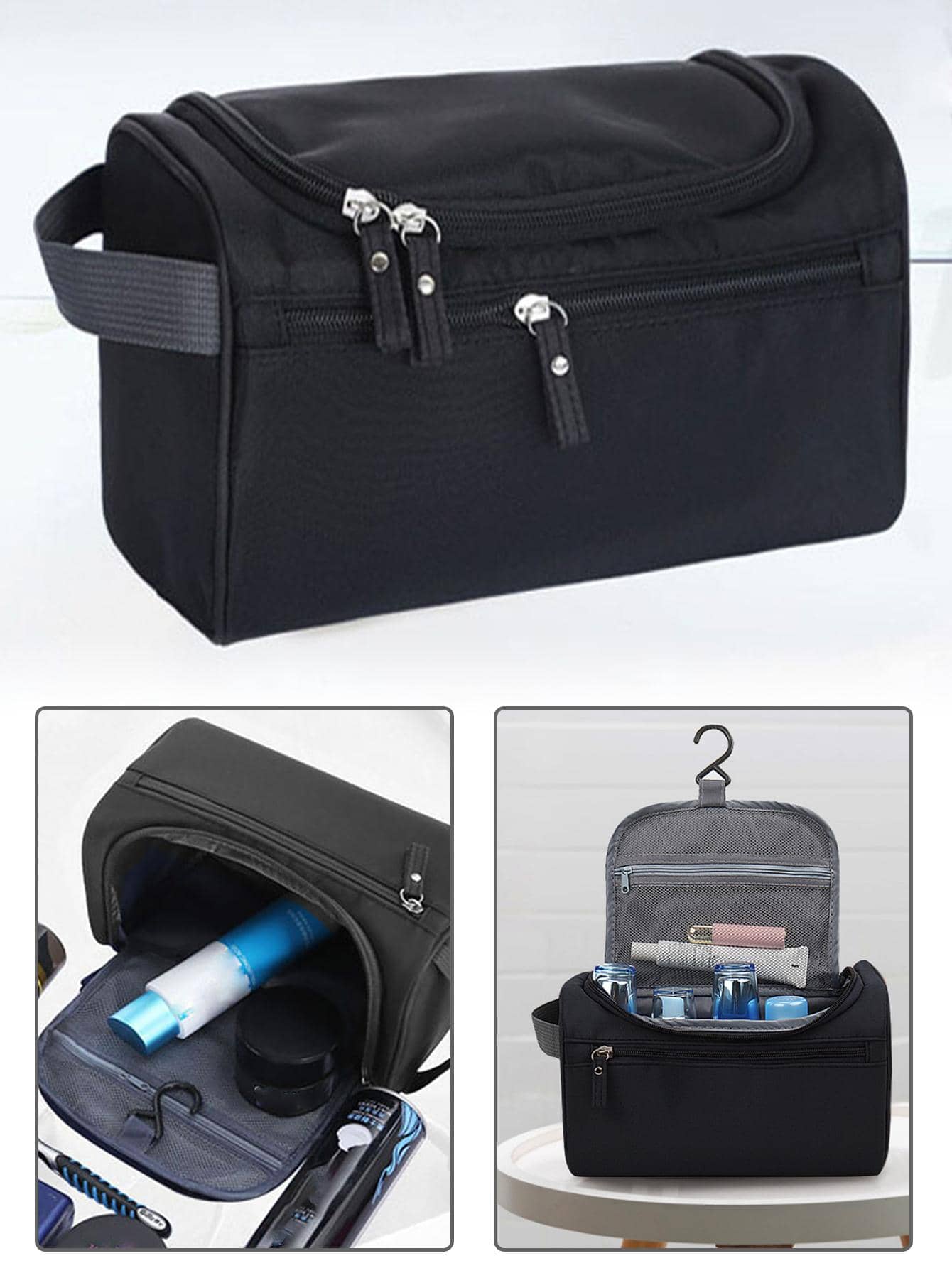 拉链旅行盥洗包洗漱包化妆包女士收纳袋挂钩化妆包男士手提包大容量收纳化妆盒 - 黑色 - 查看 1