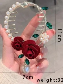 Flower & Faux Pearl Decor Hair Clip - Gold - View 4