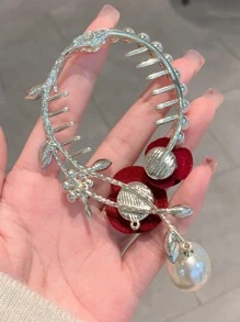 Flower & Faux Pearl Decor Hair Clip - Gold - View 5