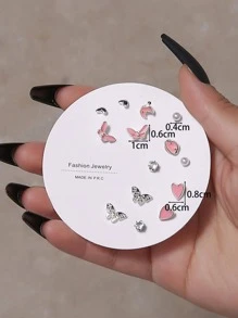 6 对/套蝴蝶和心形耳钉情人节、妈妈、母亲、母亲节、礼物 - 彩色 - 查看 4
