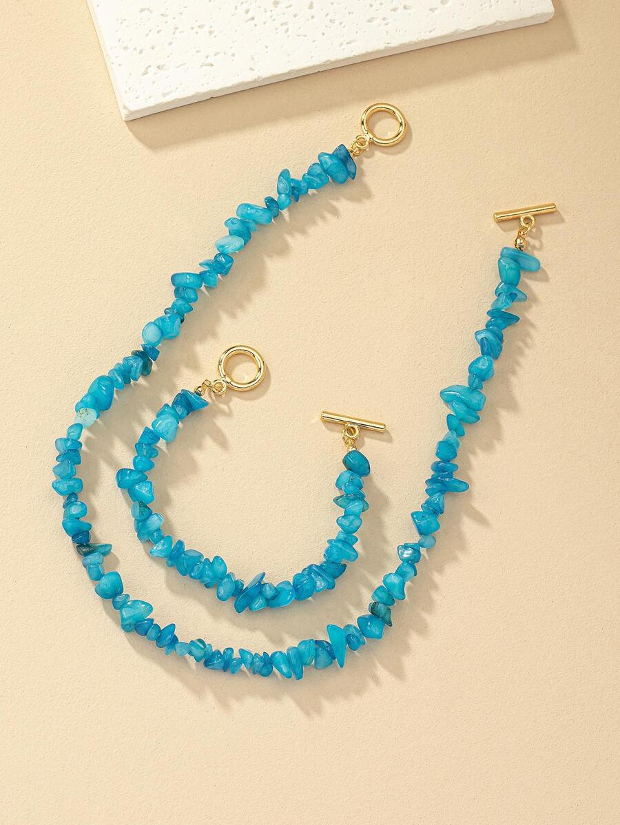 石頭串珠項鍊和手鐲 - 藍色 - 查看 1