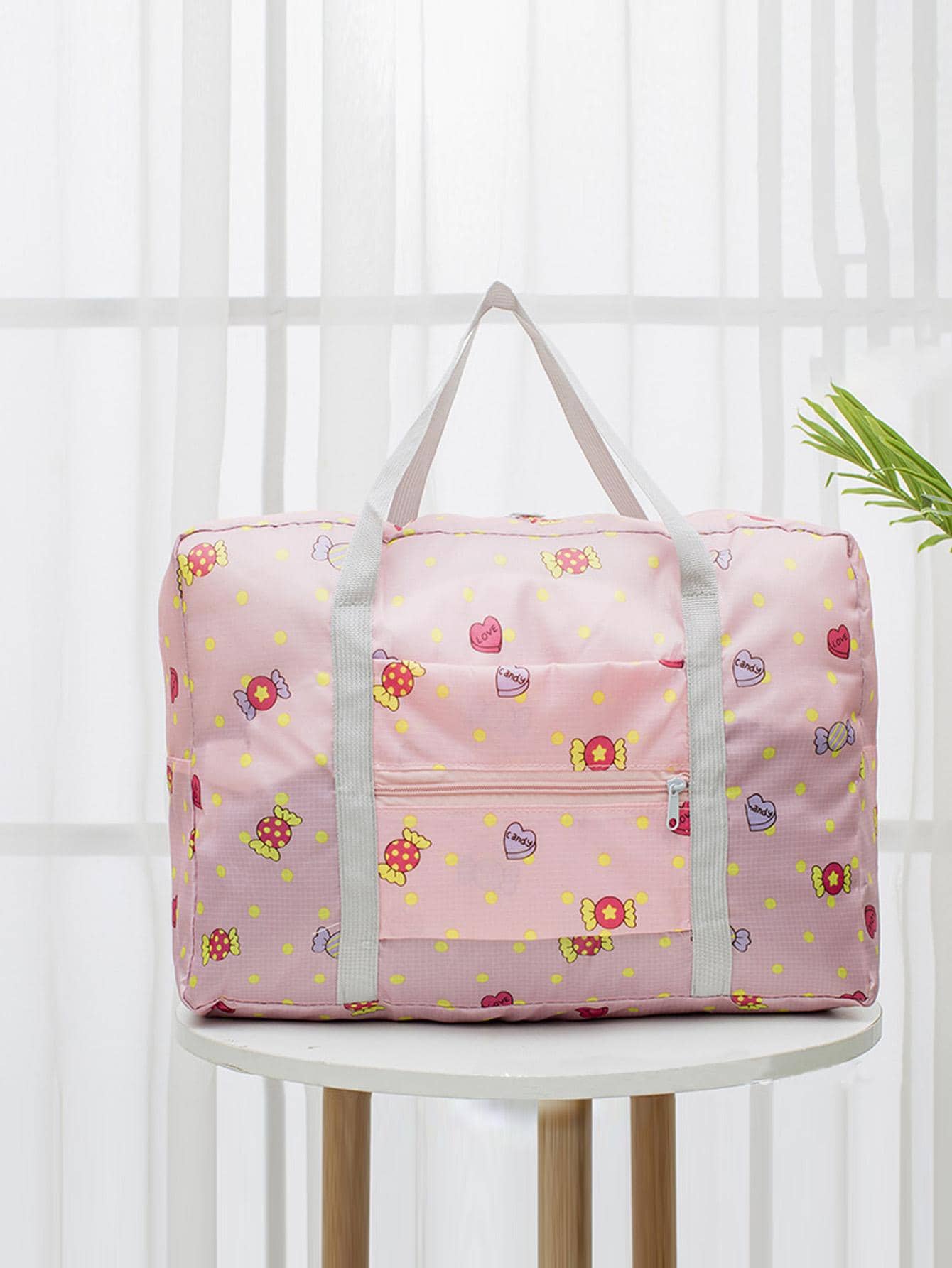 Cartoon Candy Print Travel Bag Double Handle Foldable - Watermelon Pink - View 1