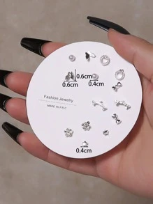 6對愛心珍珠鑽石杯女性耳環套裝 - 銀色 - 查看 4