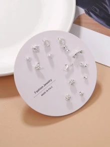 6對愛心珍珠鑽石杯女性耳環套裝 - 銀色 - 查看 2