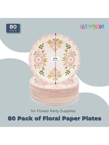 Pink Floral Paper Plates for Birthday Party, Bridal Shower (9 In, 80 Pack) - Multicolor - View 3