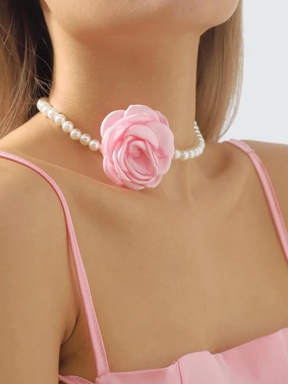 Mydear 1pc Fashionable & Elegant Rose Flower Pearl Choker Necklace For Women