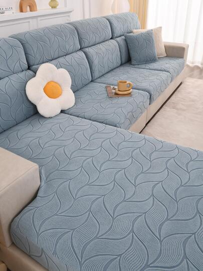 1pc Solid Color Geometric Textured Sofa Seat Cover, Modern Polyester Stretchy Sofa Cushion Cover For Home, All Season