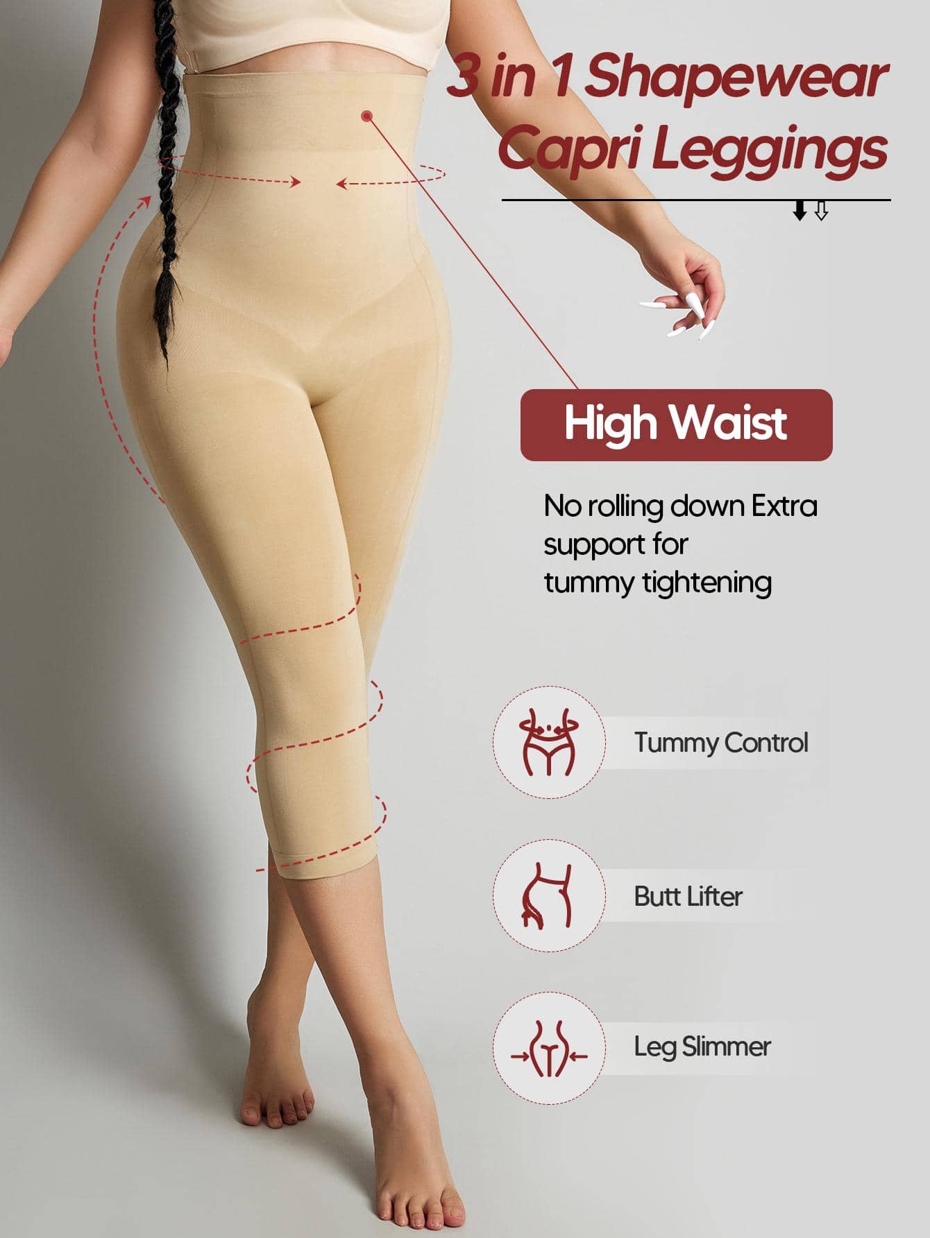High-Waisted Comfy Leggings Butt Lift Tummy Control Thigh Slimmer Mid-Thigh Cropped Shapepants For Women - 杏色 - 查看 1