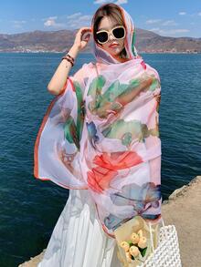 Ginkgo Leaf Print Hooded Scarf - Baby Pink - View 3