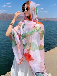 Ginkgo Leaf Print Hooded Scarf - Baby Pink - View 1
