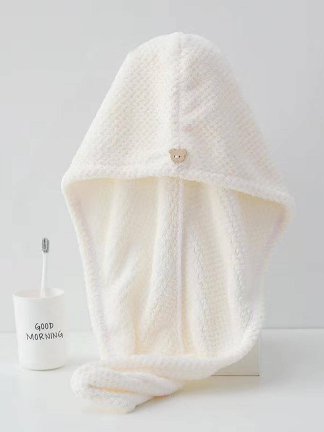 1入組熊紐扣細節乾髮帽 - 白色 - 查看 1