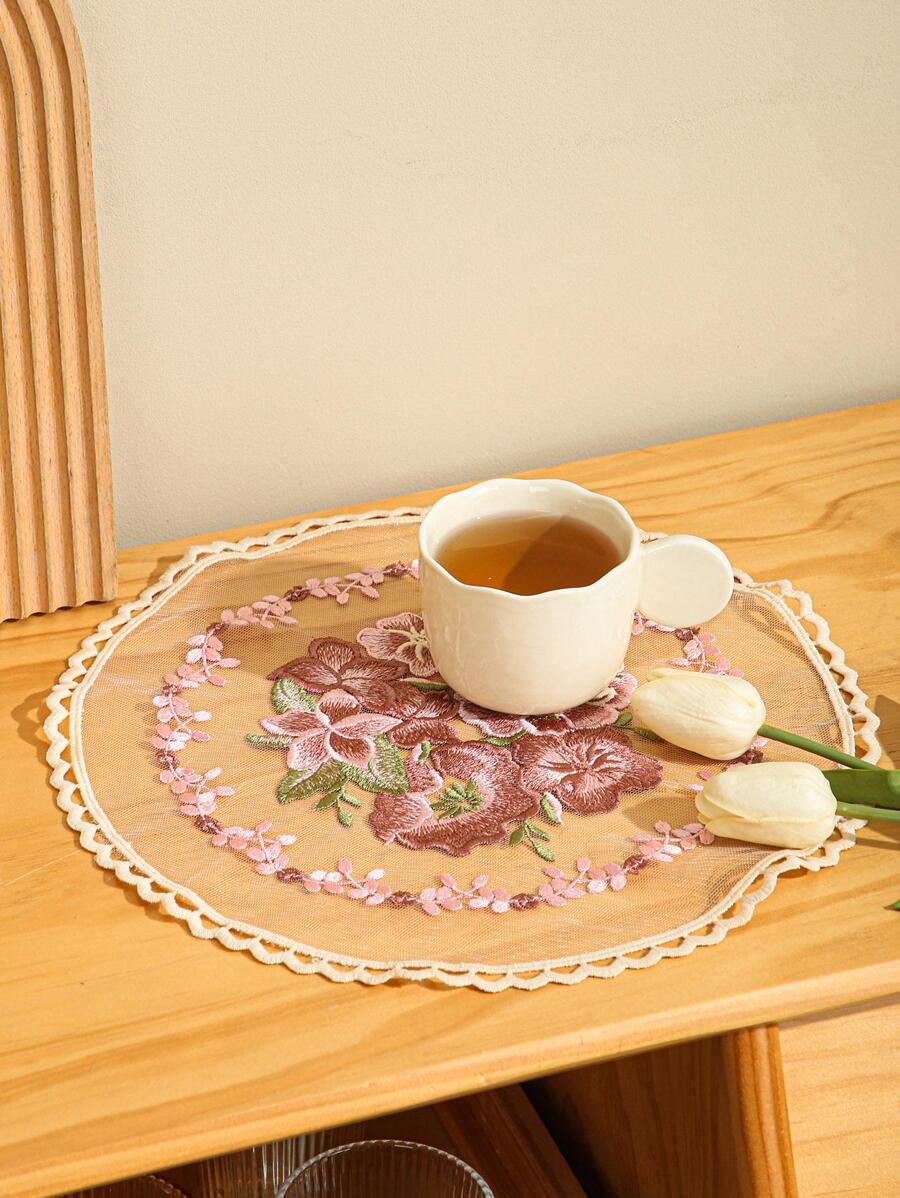 1入組花卉刺繡餐墊，復古滌綸防滑桌墊，適合派對 - 杏色 - 查看 1