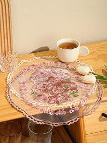 1入組花卉刺繡餐墊，復古滌綸防滑桌墊，適合派對 - 杏色 - 查看 5