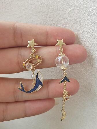 1 Pair Of Simple Asymmetrical Tassel Marine Creature Star Lady Stud Earrings For Daily Use