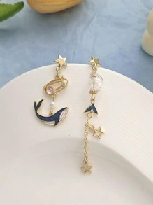 1 对简约不对称流苏海洋生物星形女士耳钉，适合日常佩戴 - 金黃色 - 查看 4