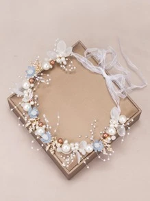 Faux Pearl & Flower Decor Bridal Hair Band Elegant Tiaras Valentine's Day Accessories,Wedding Hair Accessories - Baby Blue - View 2