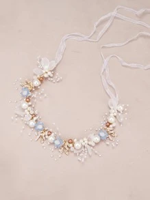 Faux Pearl & Flower Decor Bridal Hair Band Elegant Tiaras Valentine's Day Accessories,Wedding Hair Accessories - Baby Blue - View 3