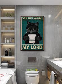 1pc Cat & Letter Graphic Unframed Painting, Vintage Chemical Fiber Waterproof Wall Art Painting For Bathroom Wall Decor