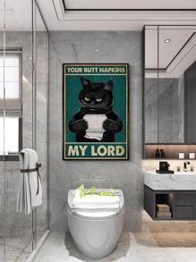 1pc Cat & Letter Graphic Unframed Painting, Vintage Chemical Fiber Waterproof Wall Art Painting For Bathroom Wall Decor