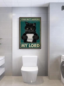 1pc Cat & Letter Graphic Unframed Painting, Vintage Chemical Fiber Waterproof Wall Art Painting For Bathroom Wall Decor